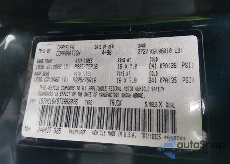 1996 Dodge Ram 1500 z USA, uszkodzony, nr VIN 1B7HC16X9TS692076